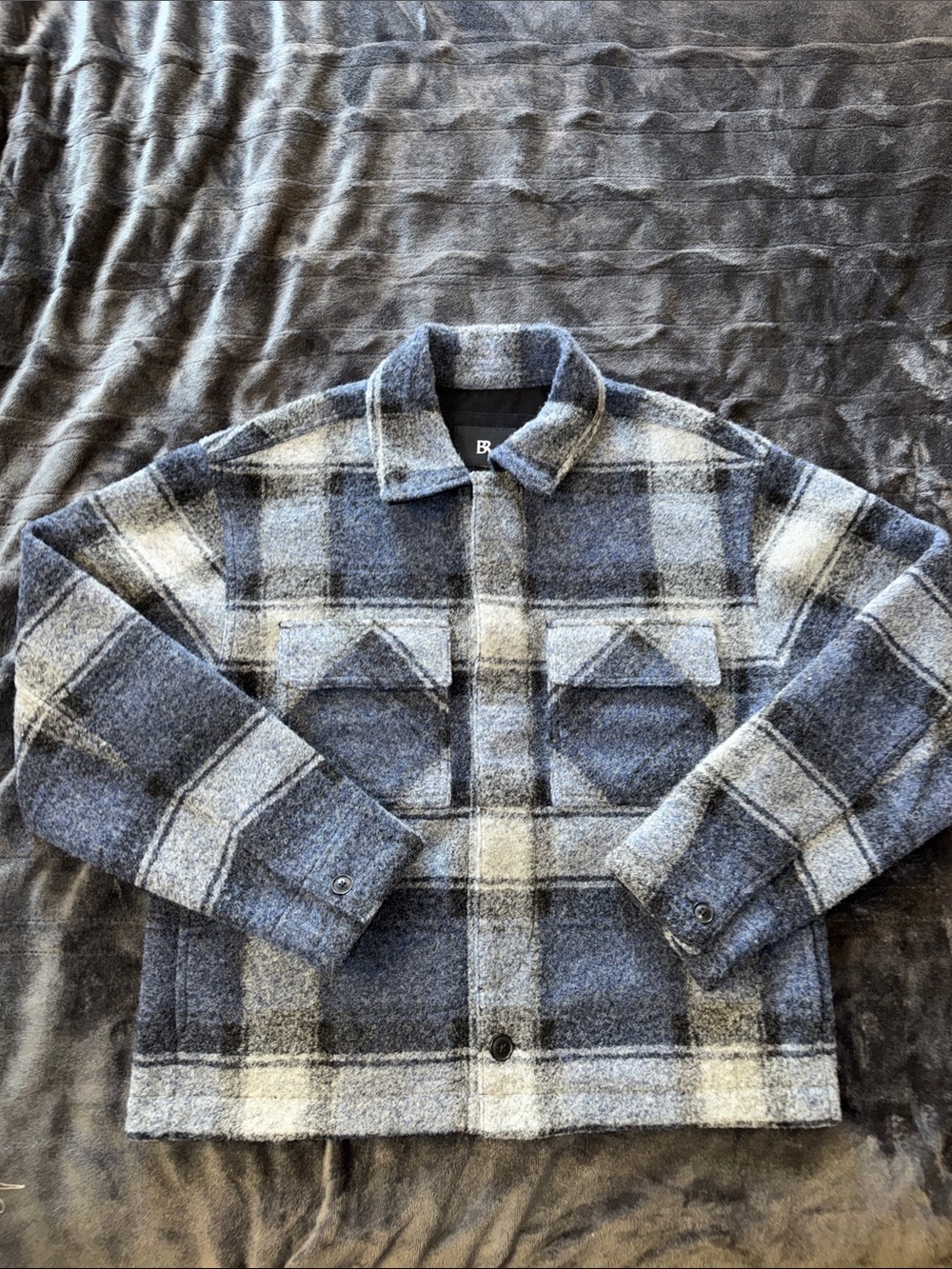 Men's Blue and Gray Plaid Wool-Blend Shacket